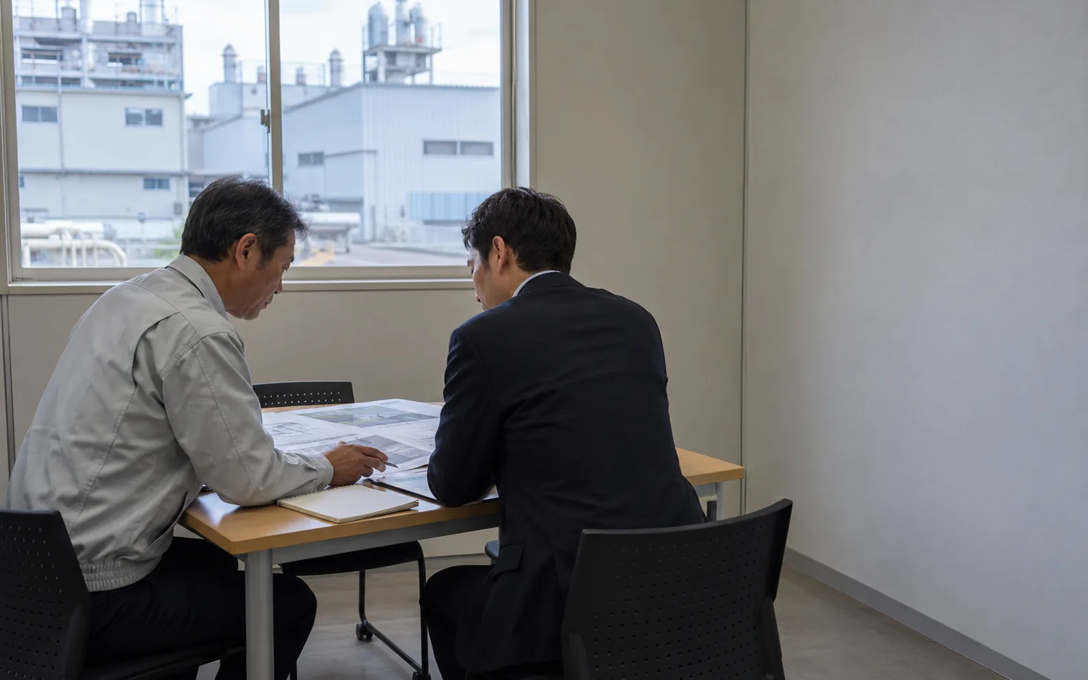 工場担当者と相談担当者が資料を確認しているイメージ
