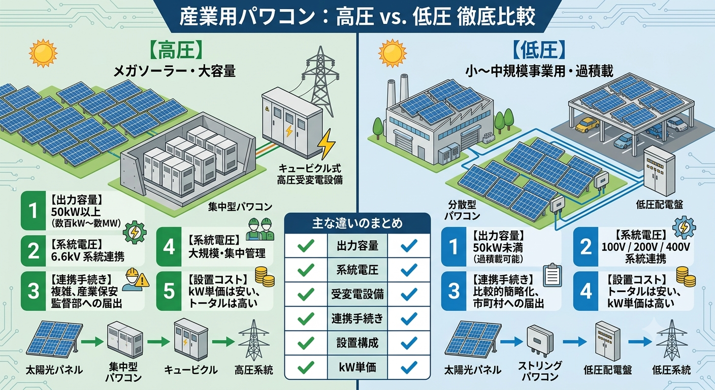 高圧と低圧における産業用パワコンの違い