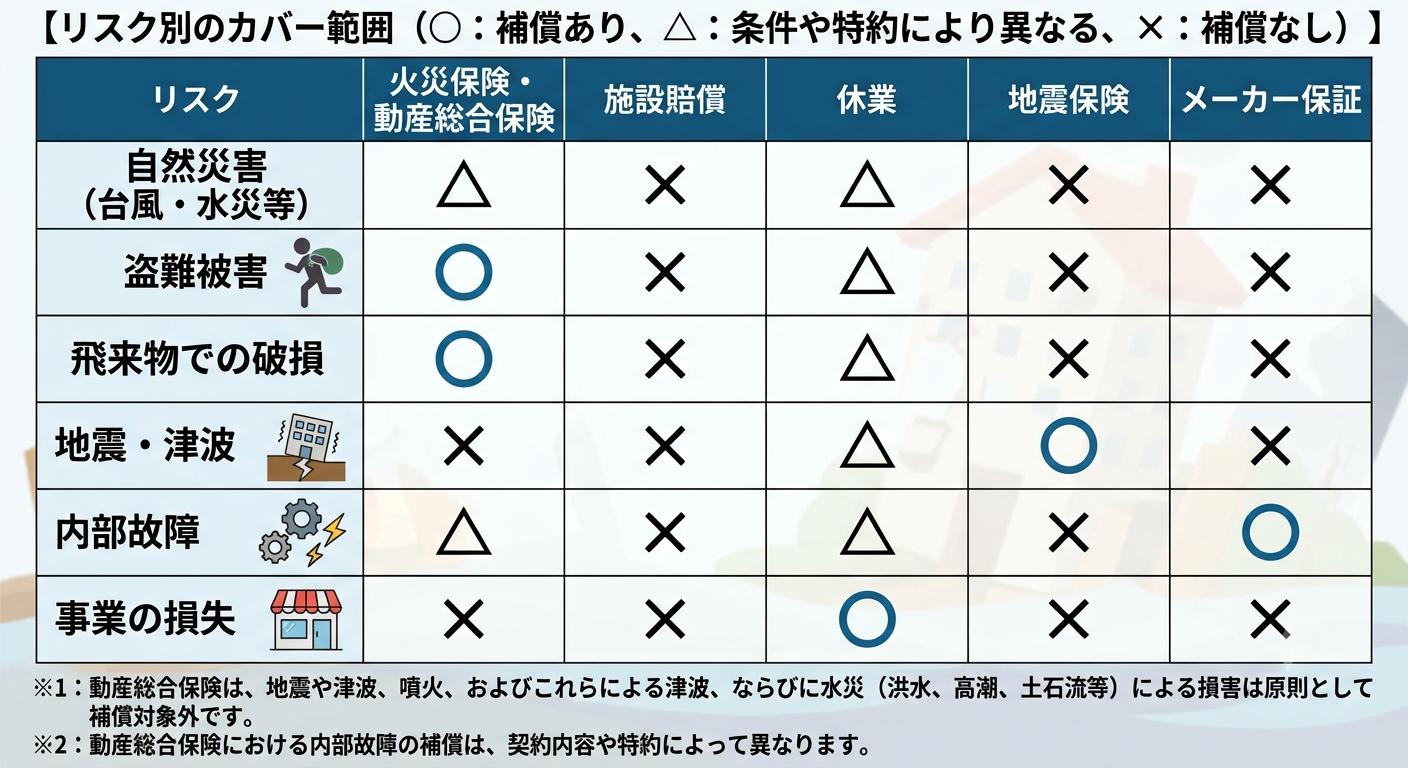 リスク別に見る各保険とメーカー保証のカバー範囲