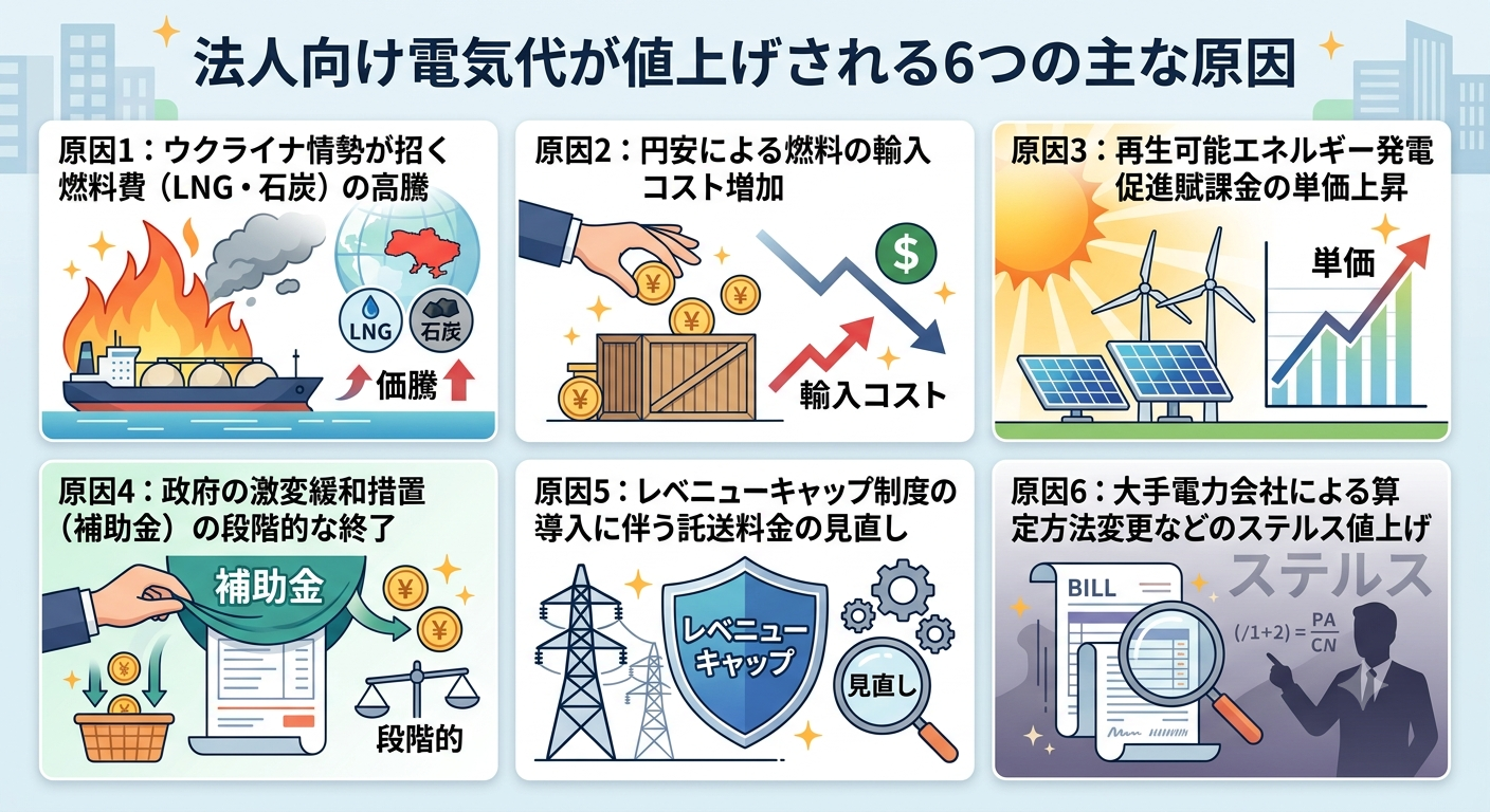 法人向け電気代が値上げされる6つの主な原因