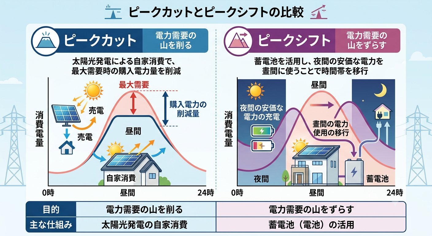 ピークカットとピークシフトは何が違う？目的と仕組みを図解で解説