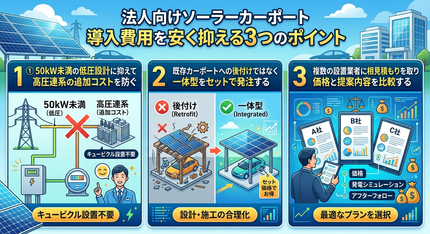 法人向けソーラーカーポートの導入費用を安く抑える3つのポイント