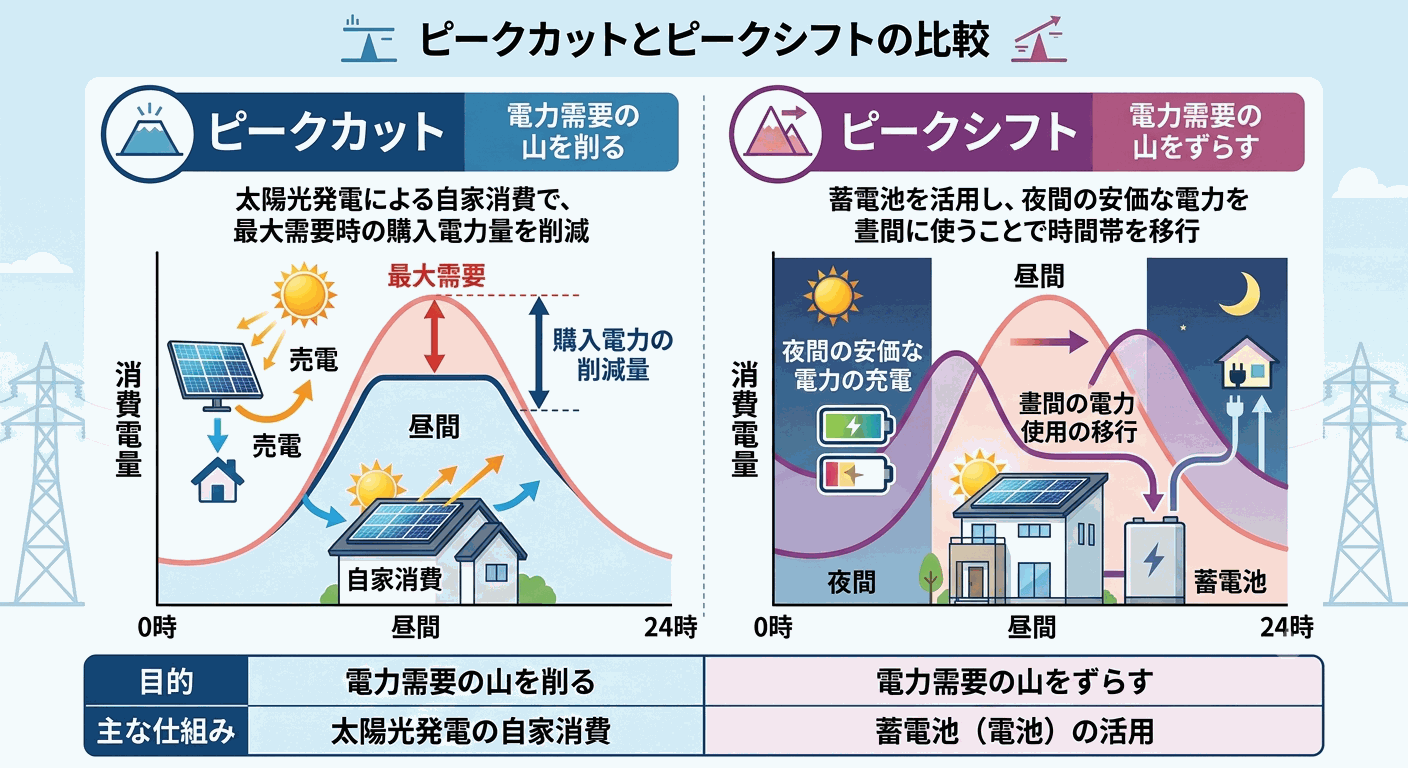 ピークカットとピークシフトは何が違う？目的と仕組みを図解で解説